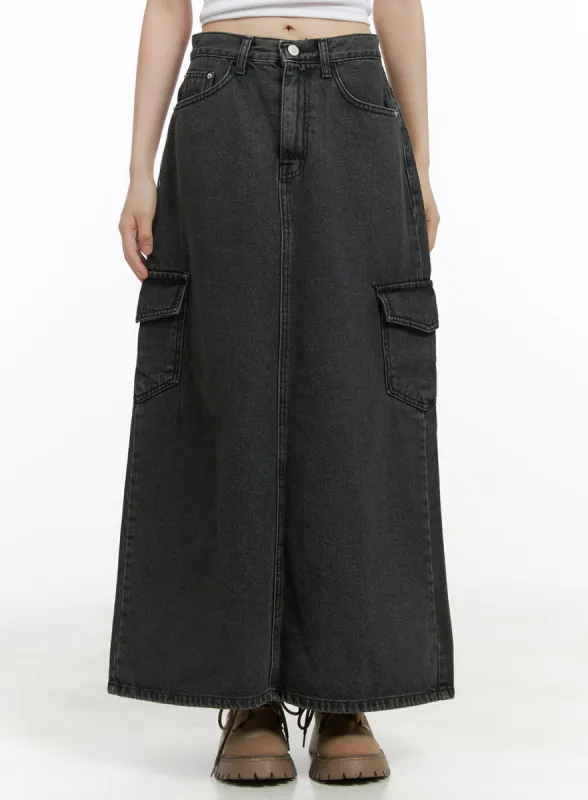 Denim Cargo Pocket Washed Maxi Skirt CG426 sold by Lewkin