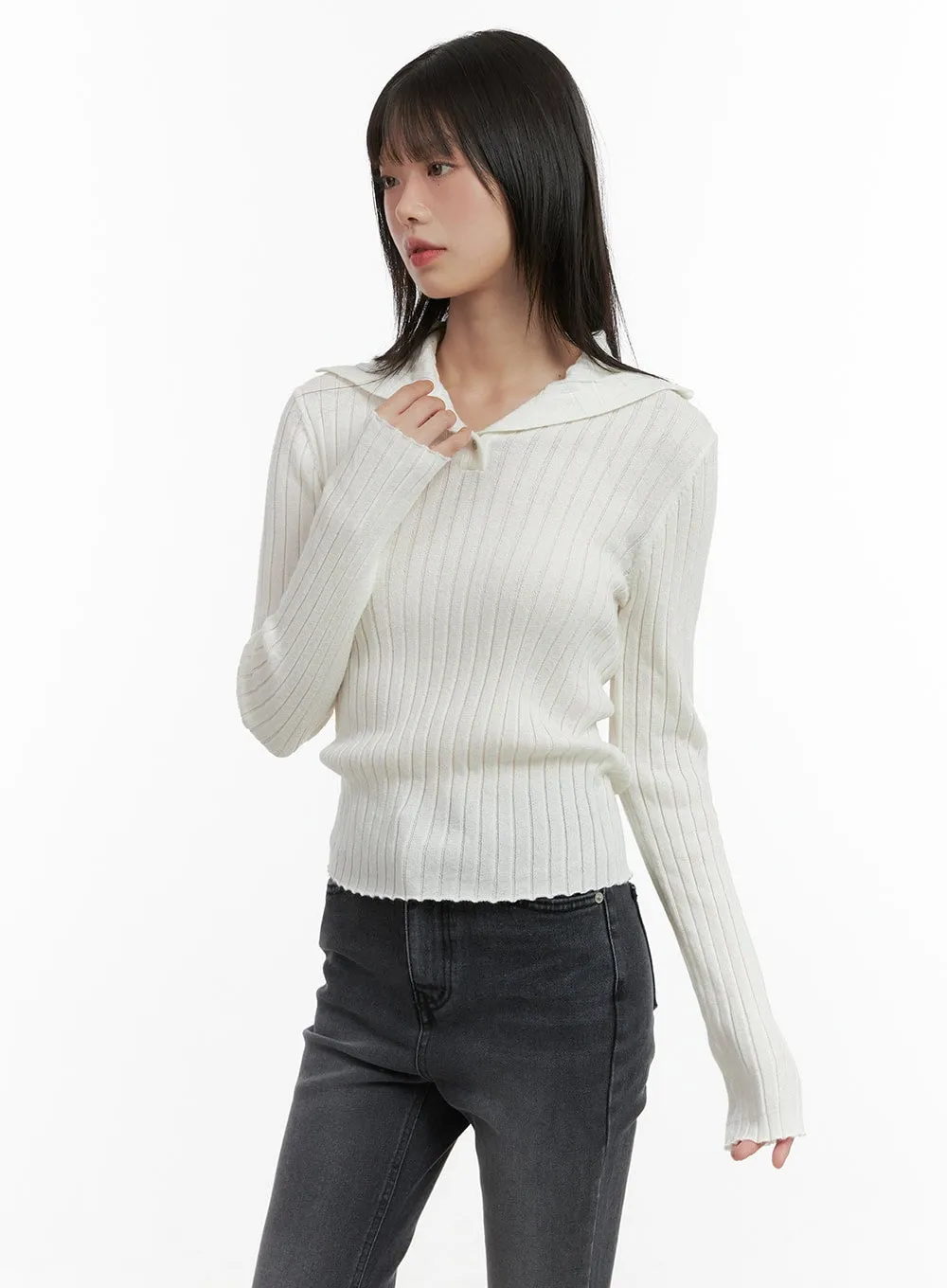 Ribbed Collared Slim Top CG426 sold by Lewkin