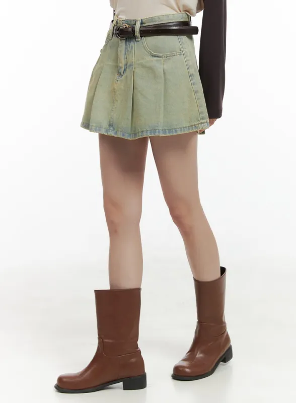Vintage Washed Denim Pleated Mini Skirt CG426 sold by Lewkin