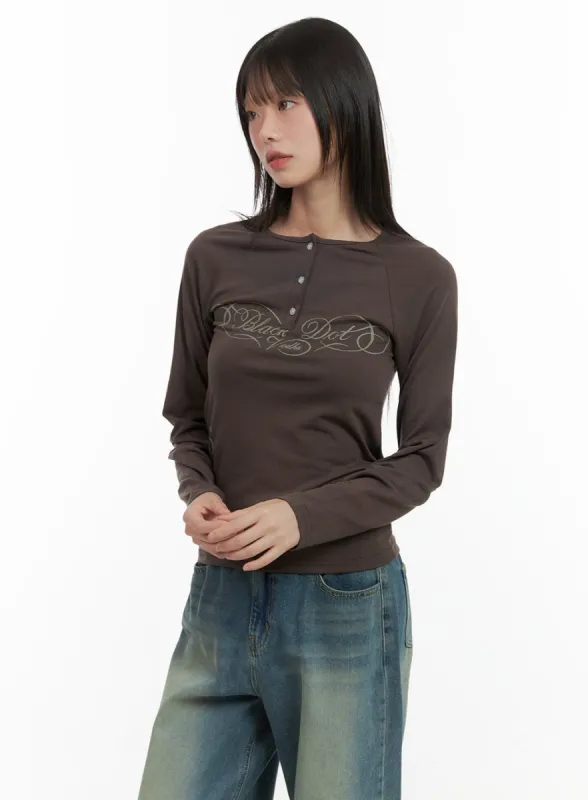 Raglan Graphic Buttoned Long Sleeve Top CG427 sold by Lewkin