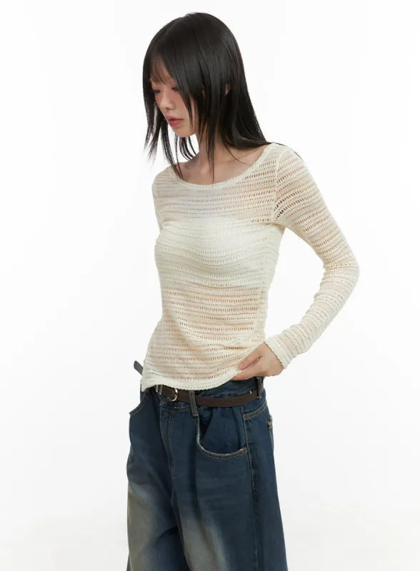 Boat Neck Mesh Long Sleeve Tee CG427 sold by Lewkin