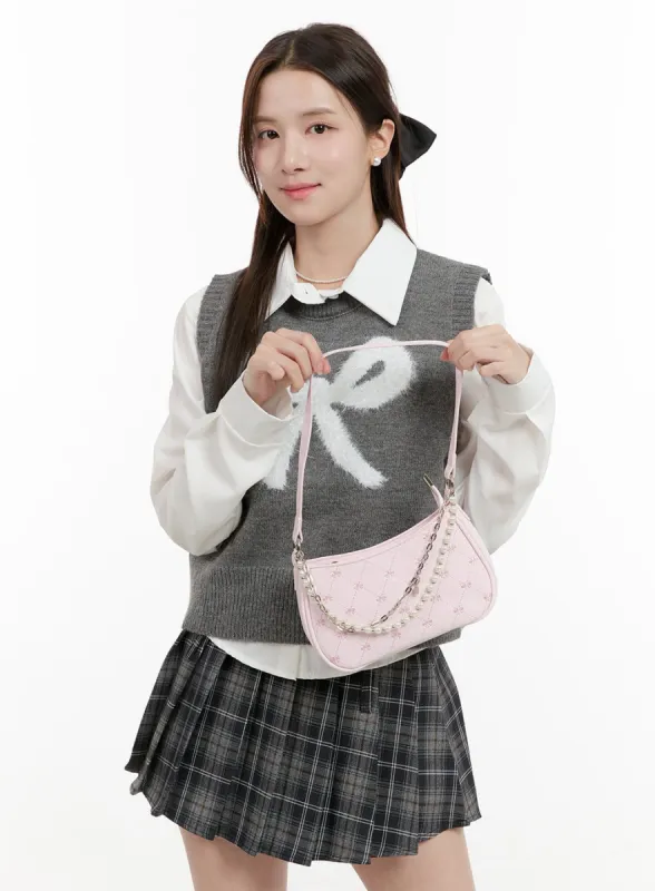 Ribbon Embroidered Pearl Chain Shoulder Bag OG428 sold by Lewkin