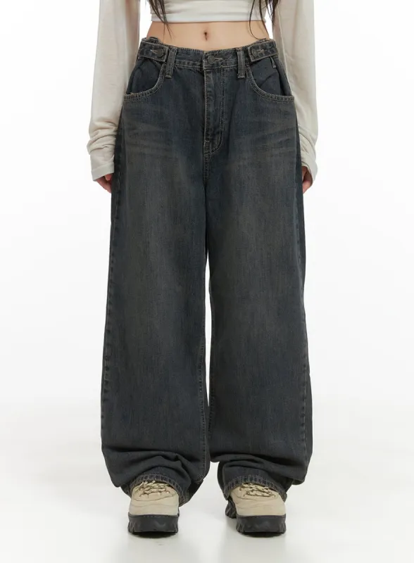Sue Strap Belted Washed Baggy Jeans CG430 sold by Lewkin