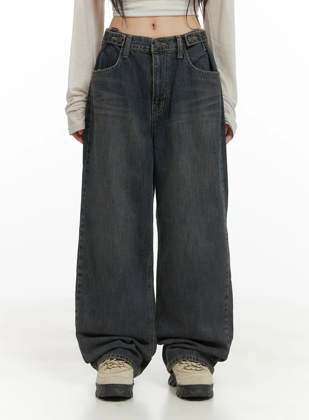 Sue Strap Belted Washed Baggy Jeans CG430 sold by Lewkin