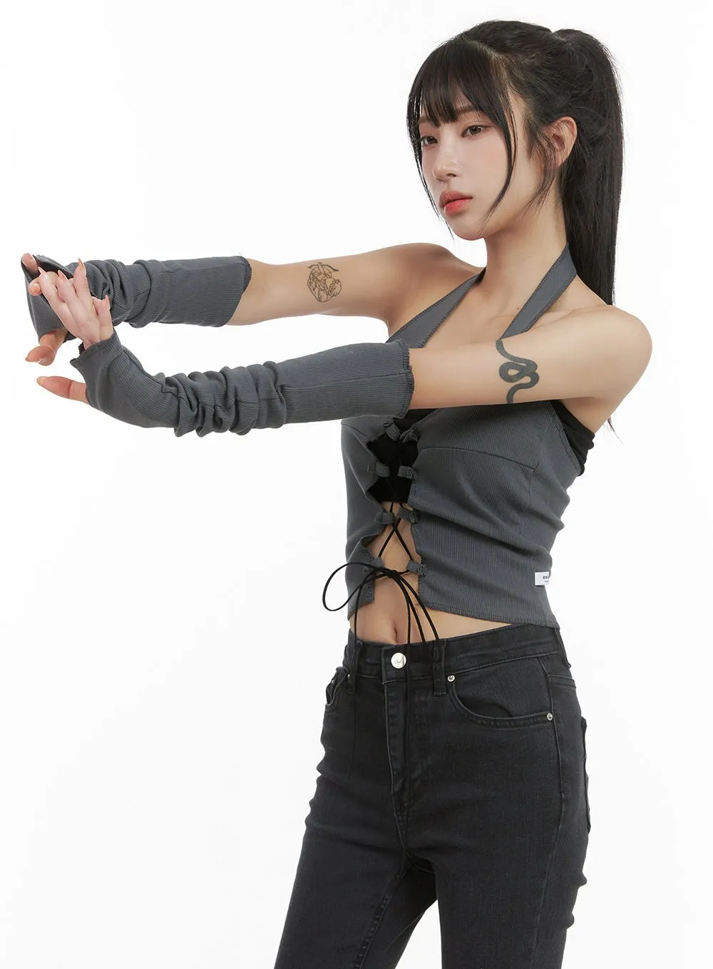 X-Strap Halter Crop Top with Warmers CG430 sold by Lewkin