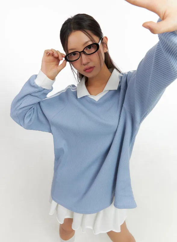 Collared Stripe Long Sleeve Top IS402 sold by Lewkin