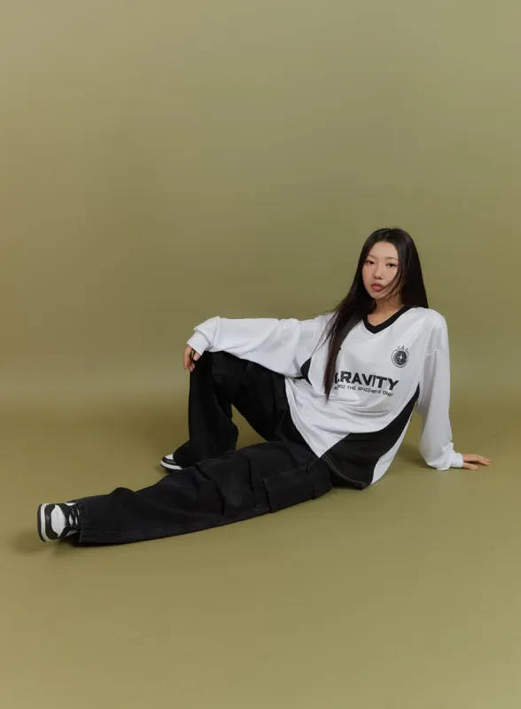 Mesh V-Neck Lettering Jersey Top IS402 sold by Lewkin