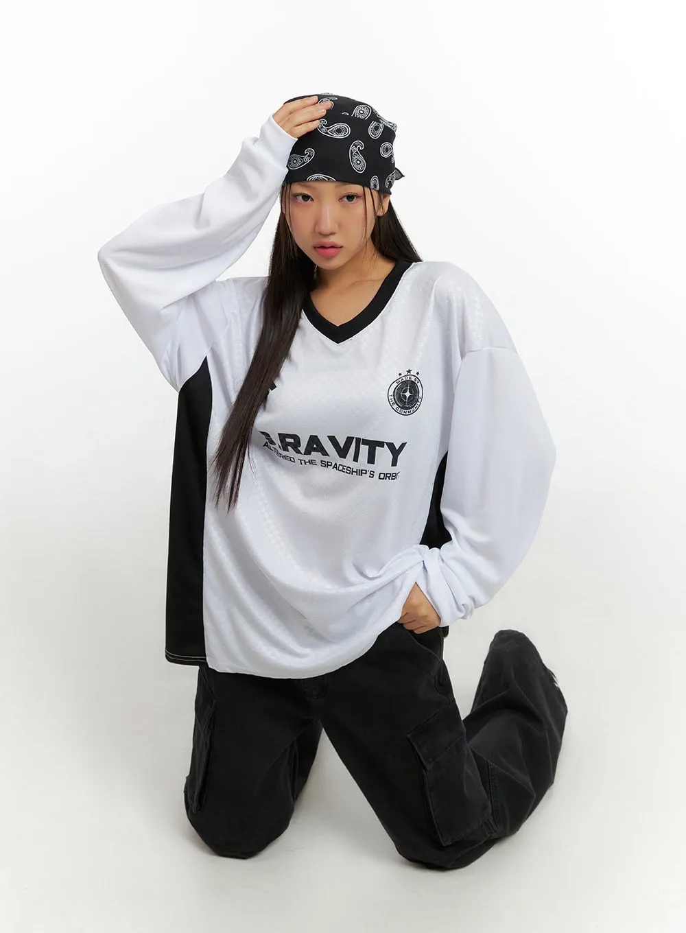 Mesh V-Neck Lettering Jersey Top IS402 sold by Lewkin product image thumbnail 2