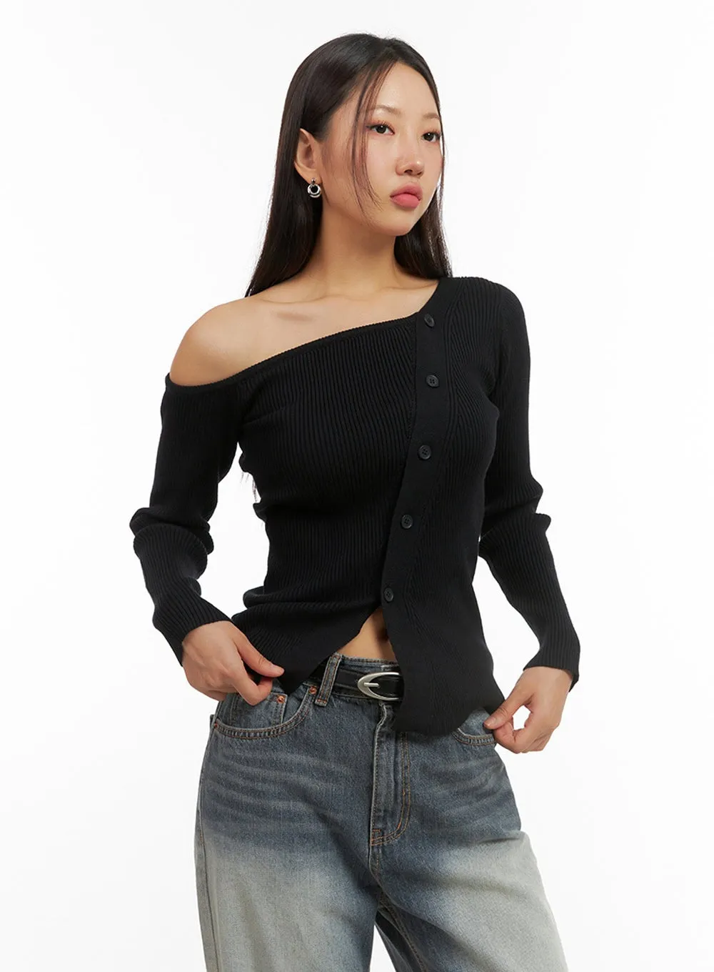 One-Shoulder Buttoned Slim Cardigan IS402 sold by Lewkin product image thumbnail 4