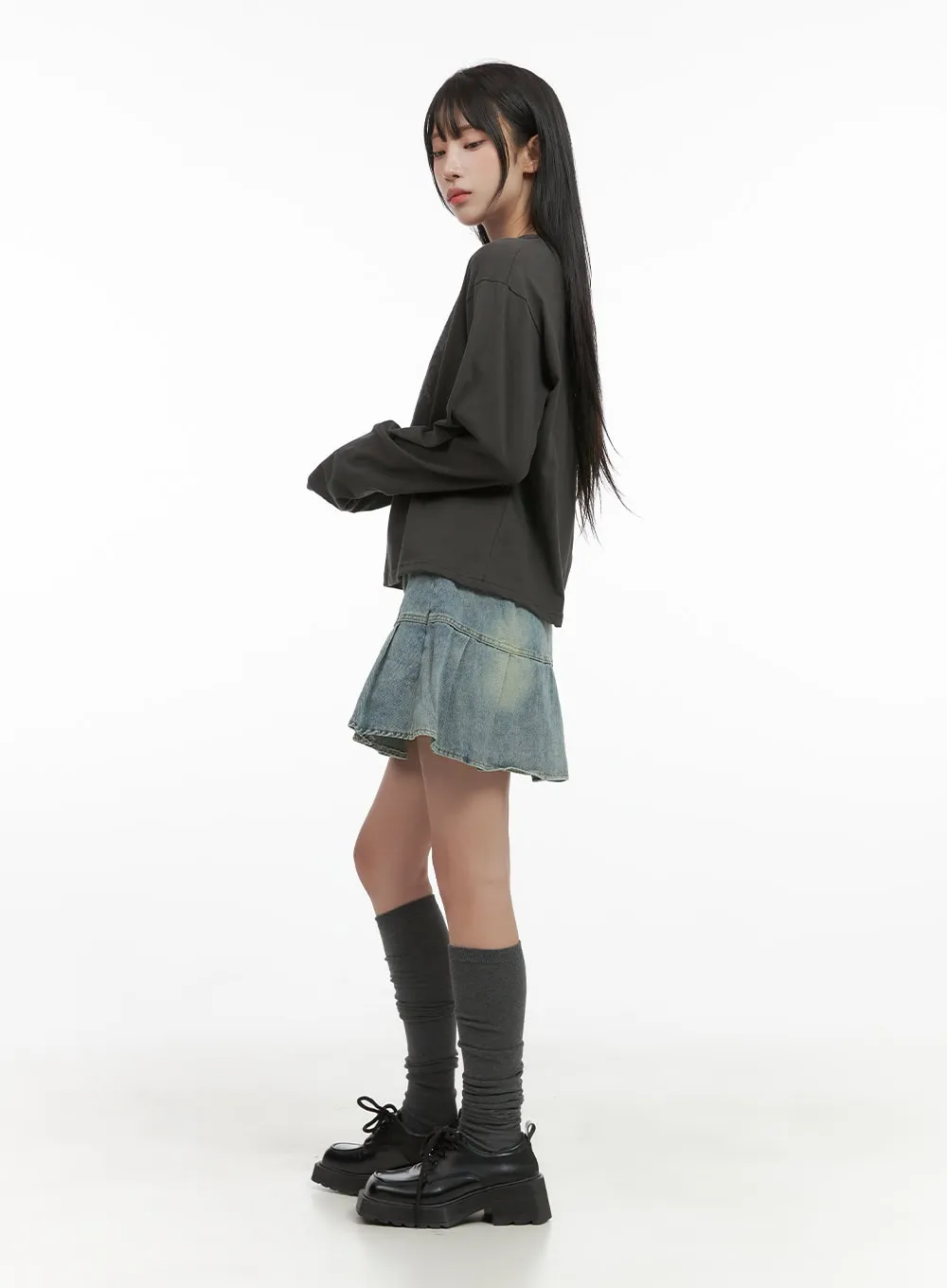 Buckle Pleated Denim Mini Skirt CS403 sold by Lewkin product image thumbnail 3