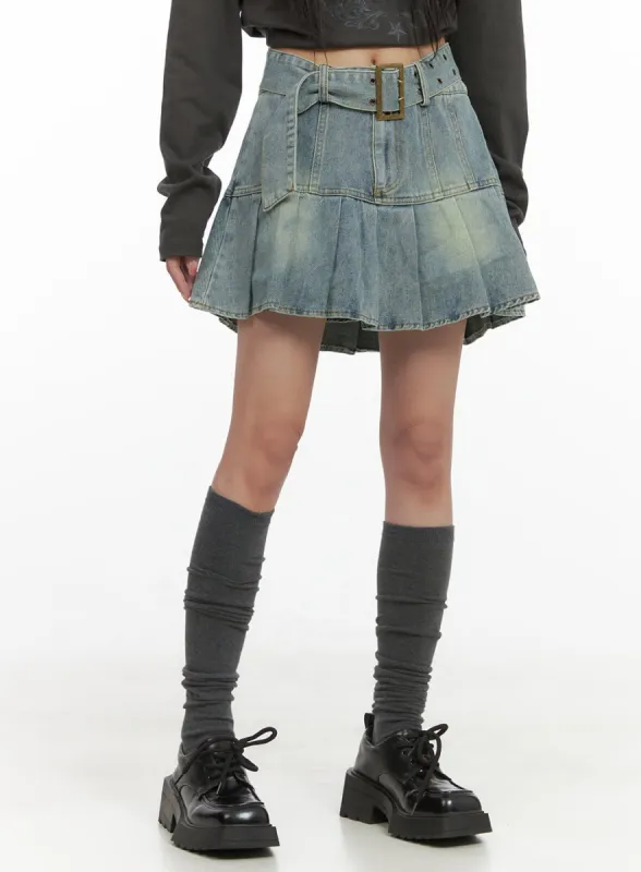 Buckle Pleated Denim Mini Skirt CS403 sold by Lewkin