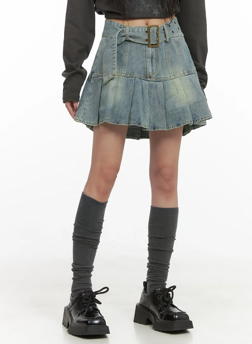 Buckle Pleated Denim Mini Skirt CS403 sold by Lewkin