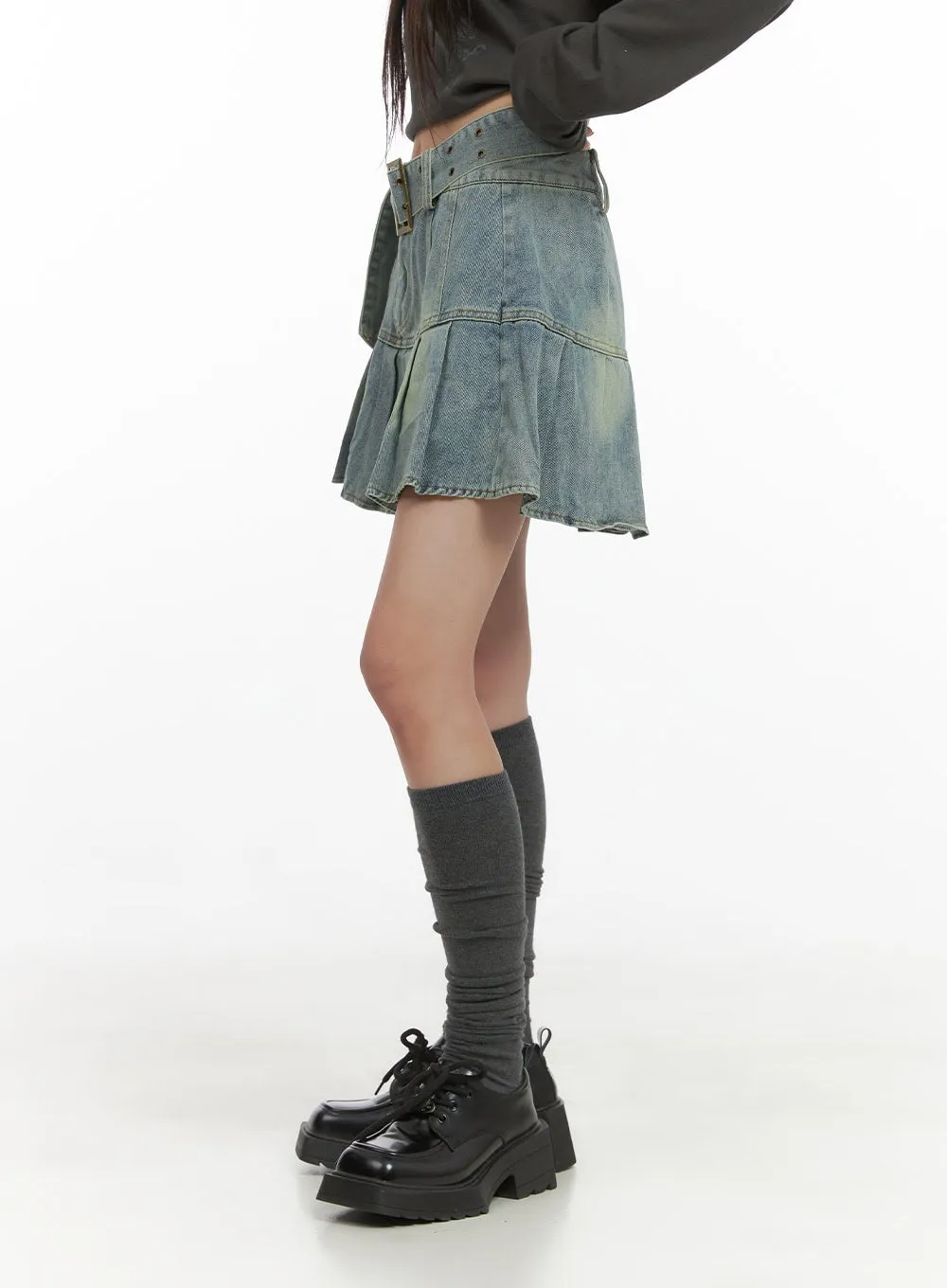 Buckle Pleated Denim Mini Skirt CS403 sold by Lewkin product image thumbnail 5