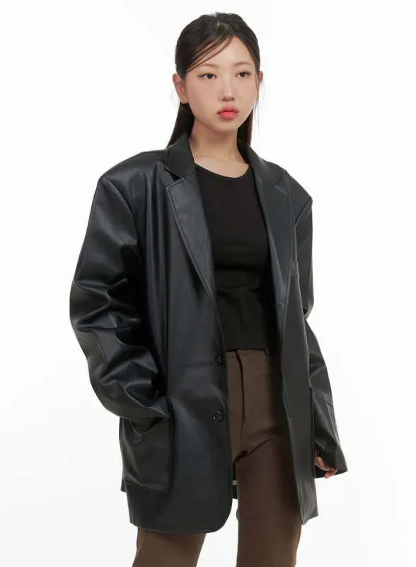 Buttoned Oversized Leather Blazer (UNISEX) CS405 sold by Lewkin