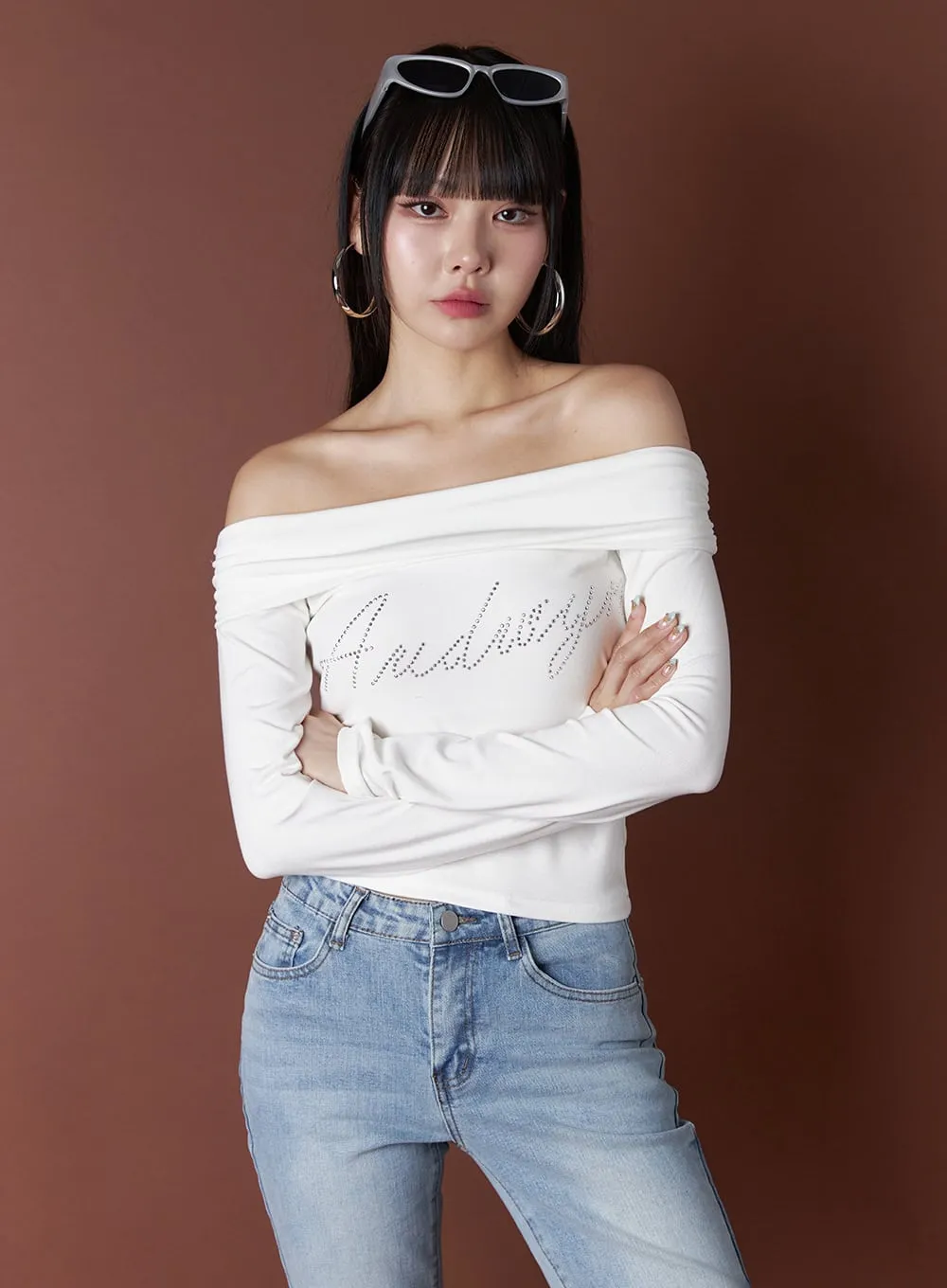 Lettering Off-Shoulder Slim Top OS409 sold by Lewkin