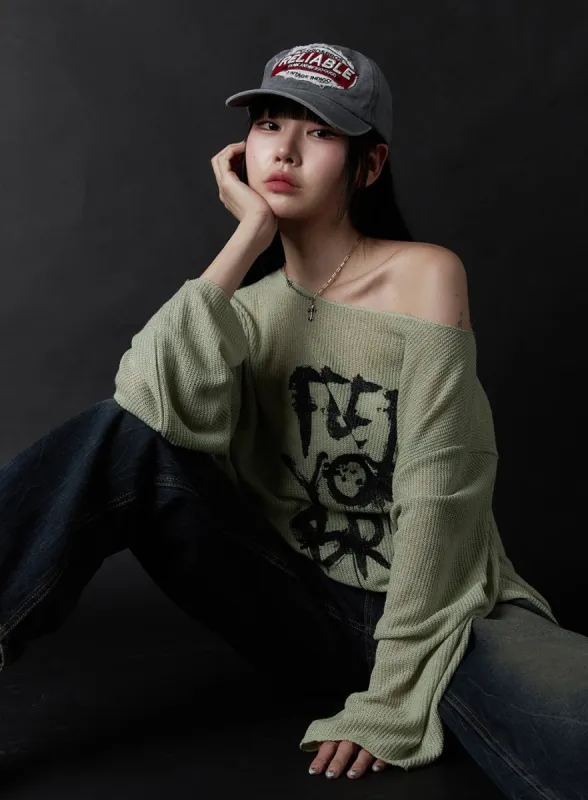 Lettered Boat Neck Off-Shoulder Knit OS410 sold by Lewkin