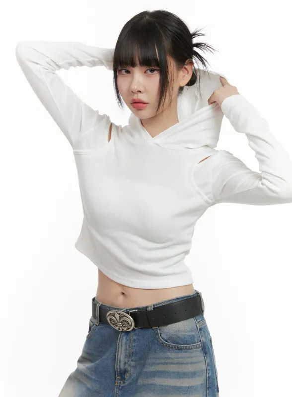 Chic Hooded Cut-Out Crop Top OS410 sold by Lewkin