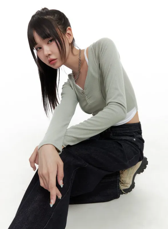 Ribbed Button V-Neck Crop Top OS410 sold by Lewkin