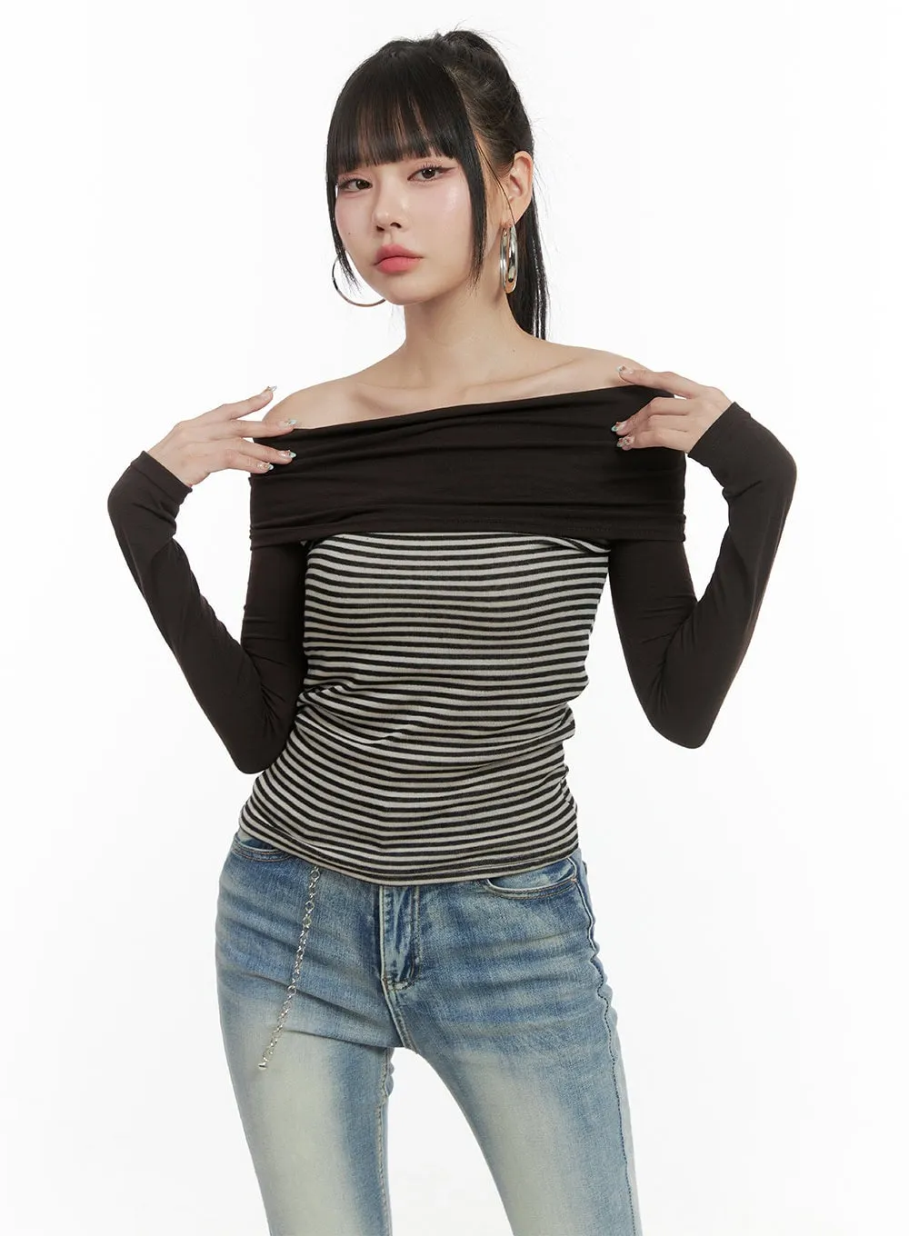 Striped Off-Shoulder Long Sleeve OS410 sold by Lewkin product image thumbnail 4