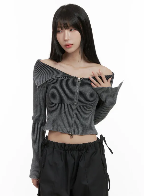 Two-Way Zip-up Off Shoulder Long Sleeve Crop Top CS419 sold by Lewkin