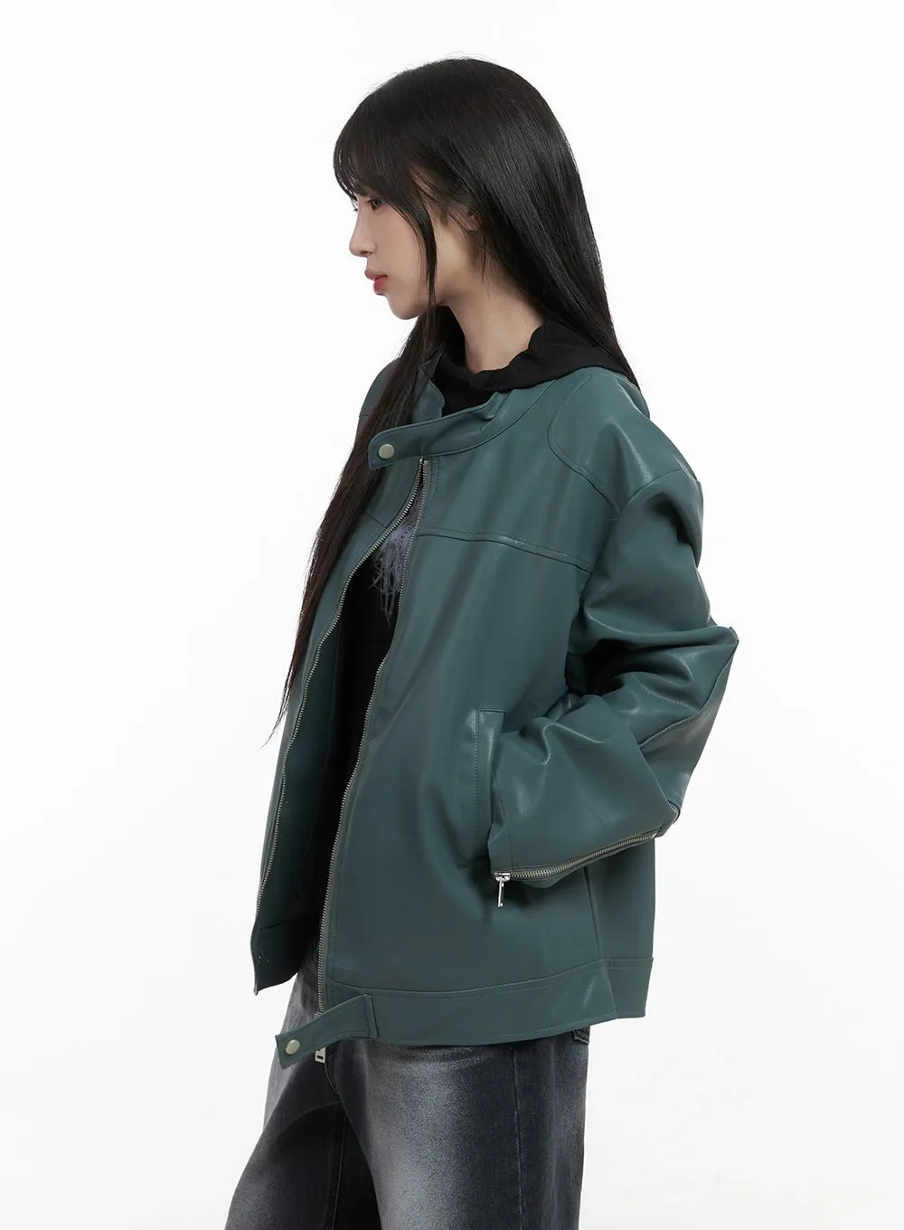 Chic Oversized Zip-Up Faux Leather Jacket CS419 sold by Lewkin product image thumbnail 5