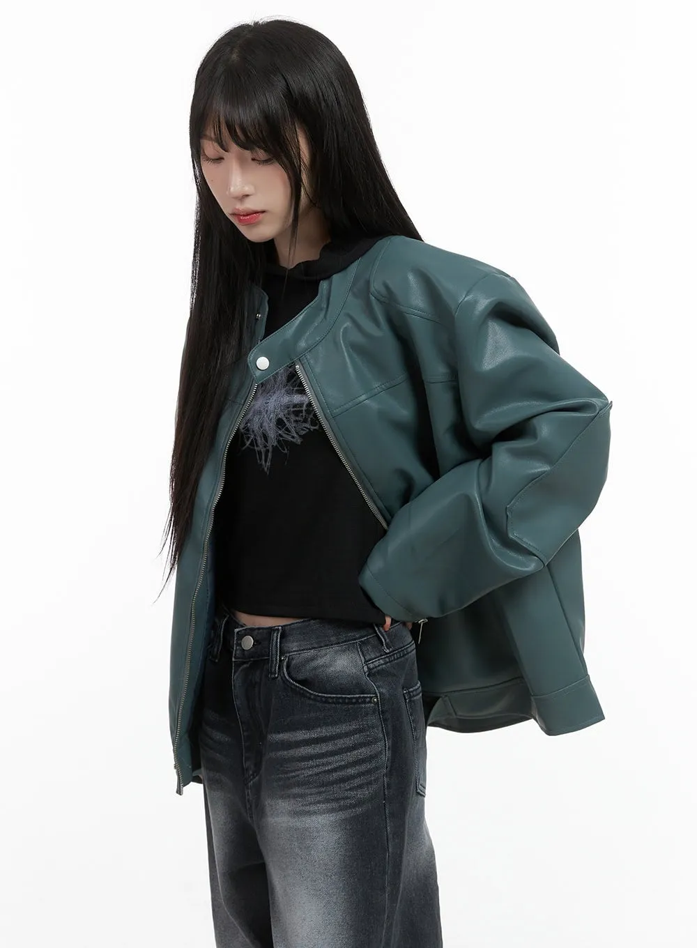Chic Oversized Zip-Up Faux Leather Jacket CS419 sold by Lewkin
