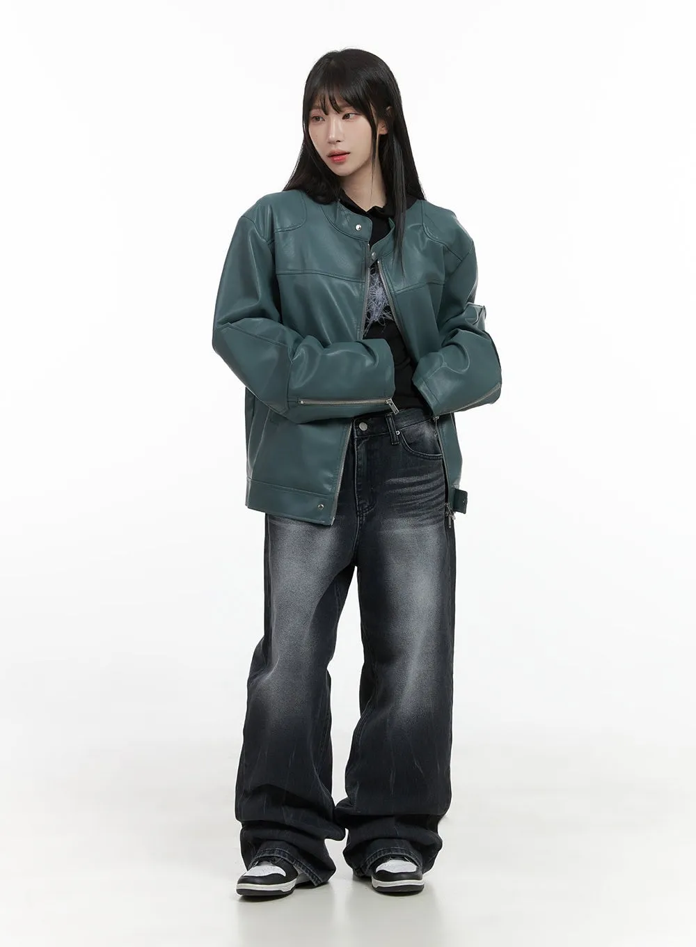 Chic Oversized Zip-Up Faux Leather Jacket CS419 sold by Lewkin product image thumbnail 2