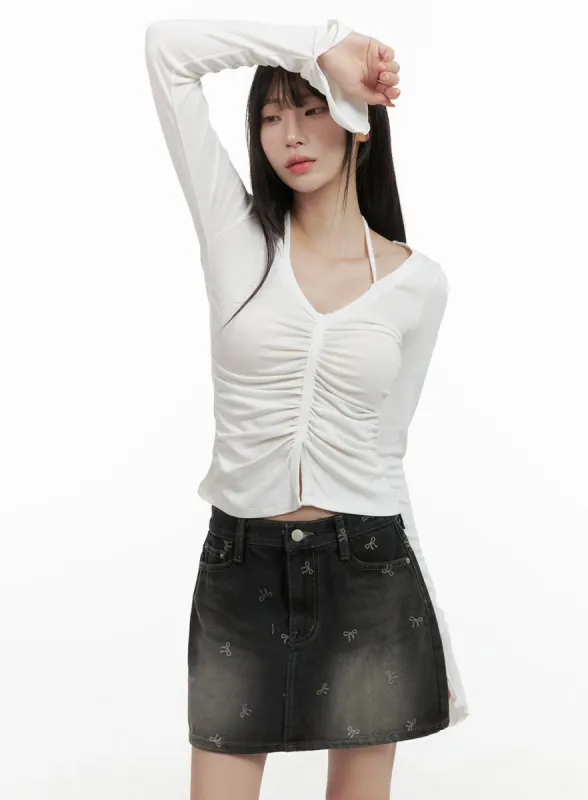 Shirred V-Neck Halter Crop Top CS419 sold by Lewkin