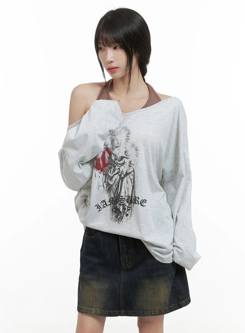 Halter Off-Shoulder Loose Graphic Tee CS419 sold by Lewkin