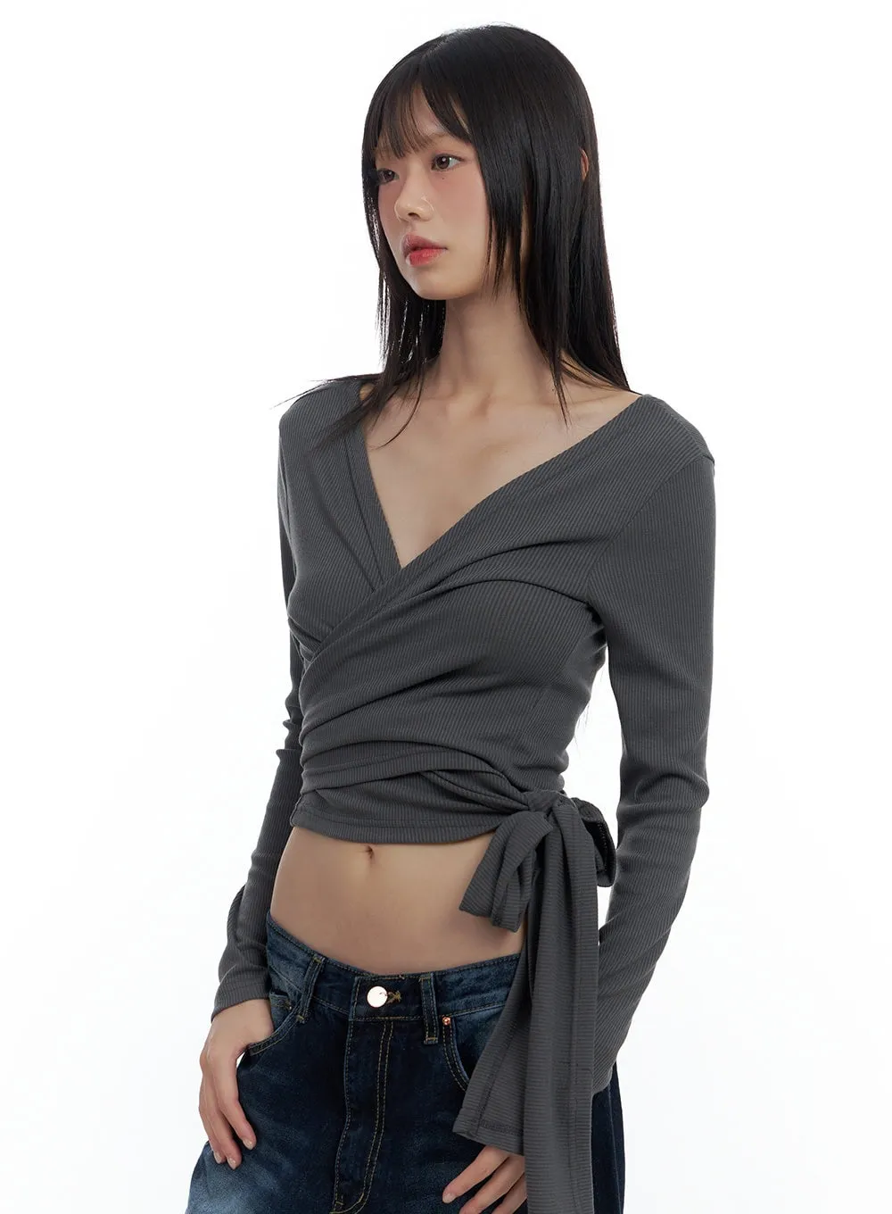 V-Neck Wrap Tie Crop Top CS420 sold by Lewkin