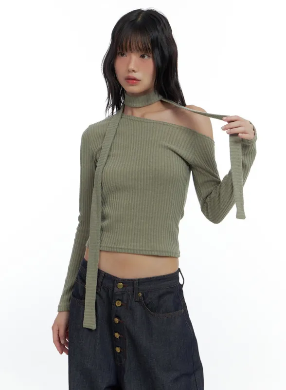 One-Shoulder Slim Fit Ribbed Scarf Top CS420 sold by Lewkin