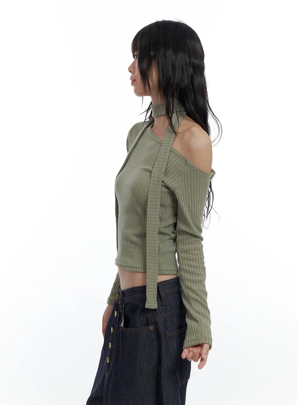 One-Shoulder Slim Fit Ribbed Scarf Top CS420 sold by Lewkin product image thumbnail 4