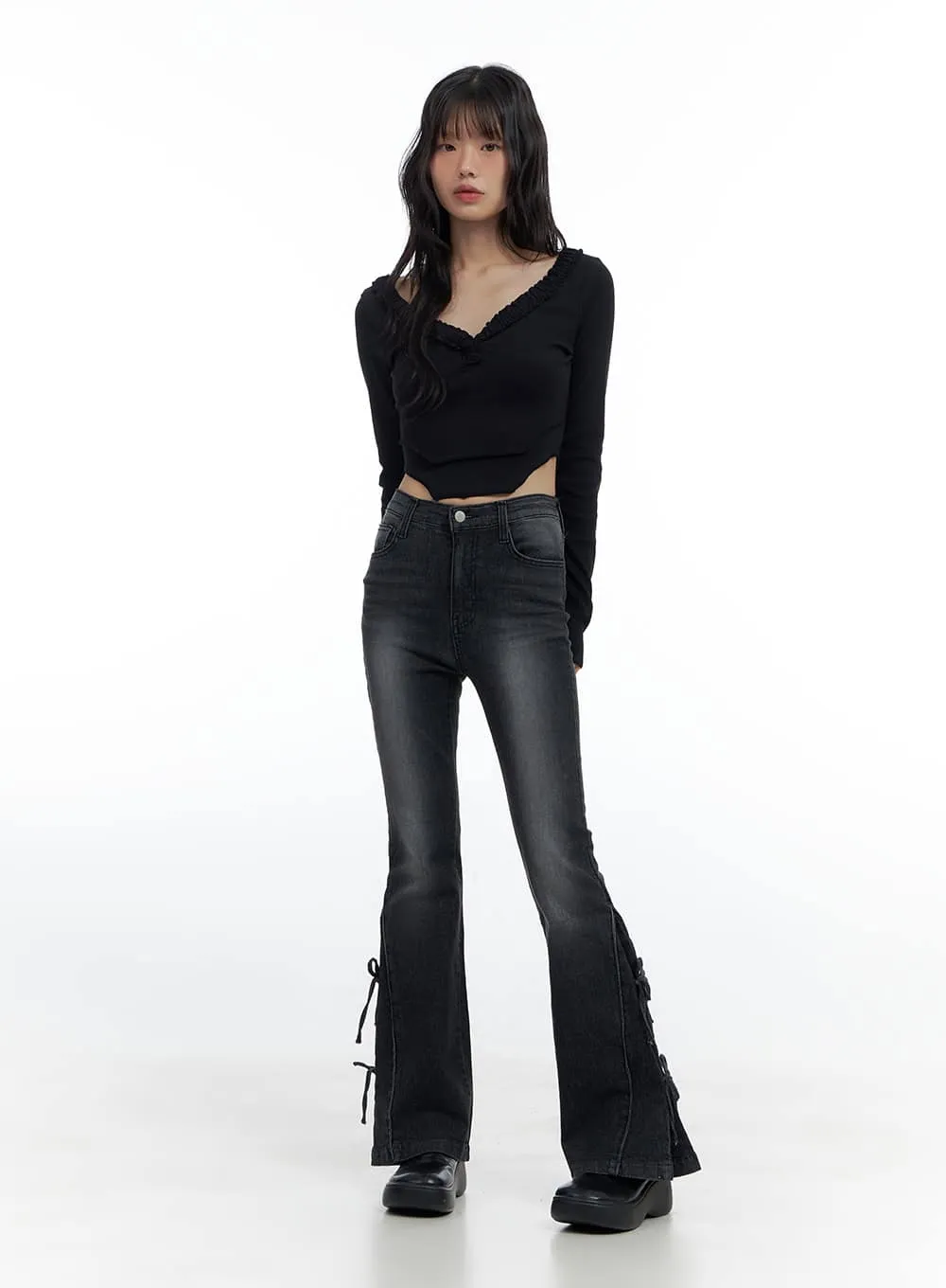 V-Neck Ruffle Slim Fit Crop Top CS420 sold by Lewkin product image thumbnail 2