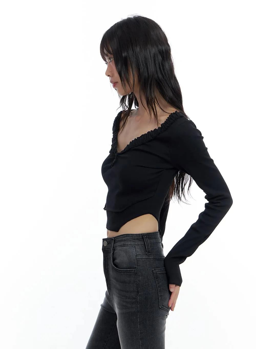V-Neck Ruffle Slim Fit Crop Top CS420 sold by Lewkin product image thumbnail 4