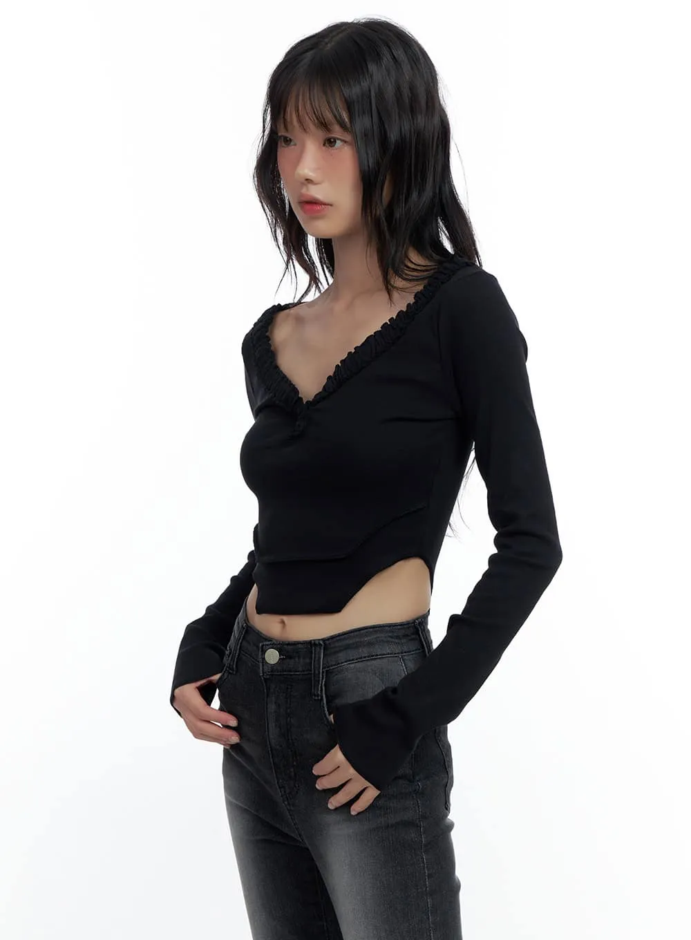 V-Neck Ruffle Slim Fit Crop Top CS420 sold by Lewkin