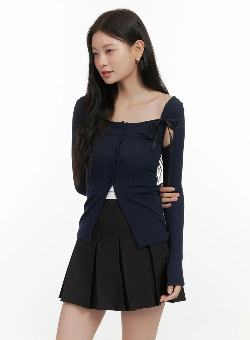 Slim Fit Ribbon Cut-out Buttoned Cardigan OS423 sold by Lewkin product image thumbnail 4