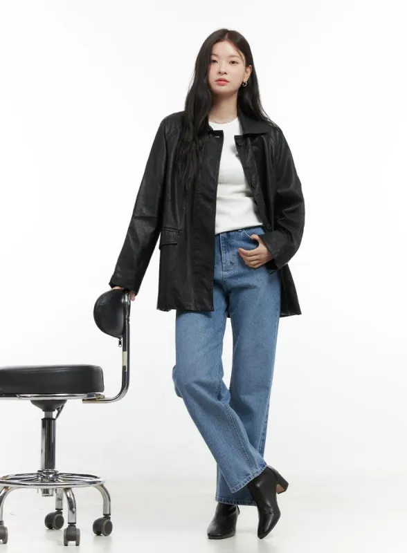 Midi Length Faux Leather Buttoned Jacket OS423 sold by Lewkin