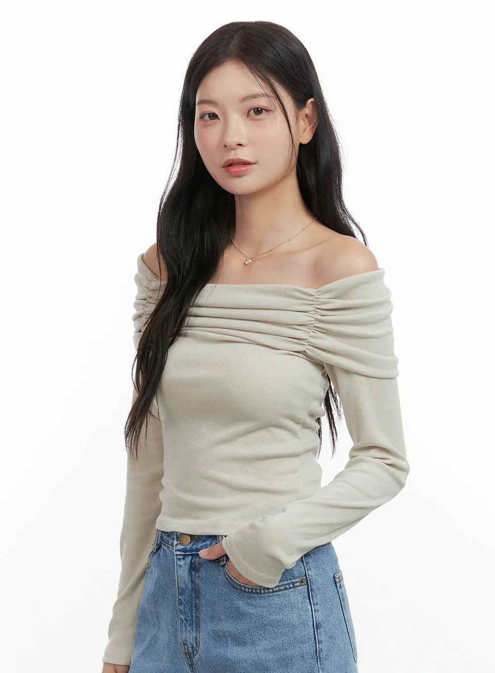 Shirred Off Shoulder Long Sleeve Top OS423 sold by Lewkin product image thumbnail 5