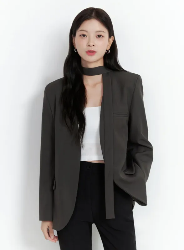 Collarless Chic Tie Blazer Jacket OS423 sold by Lewkin