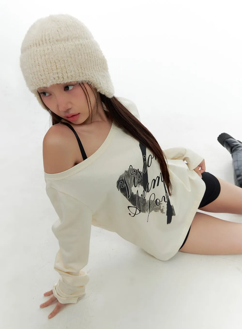 Oversized One-Shoulder Graphic Tee CS424 sold by Lewkin