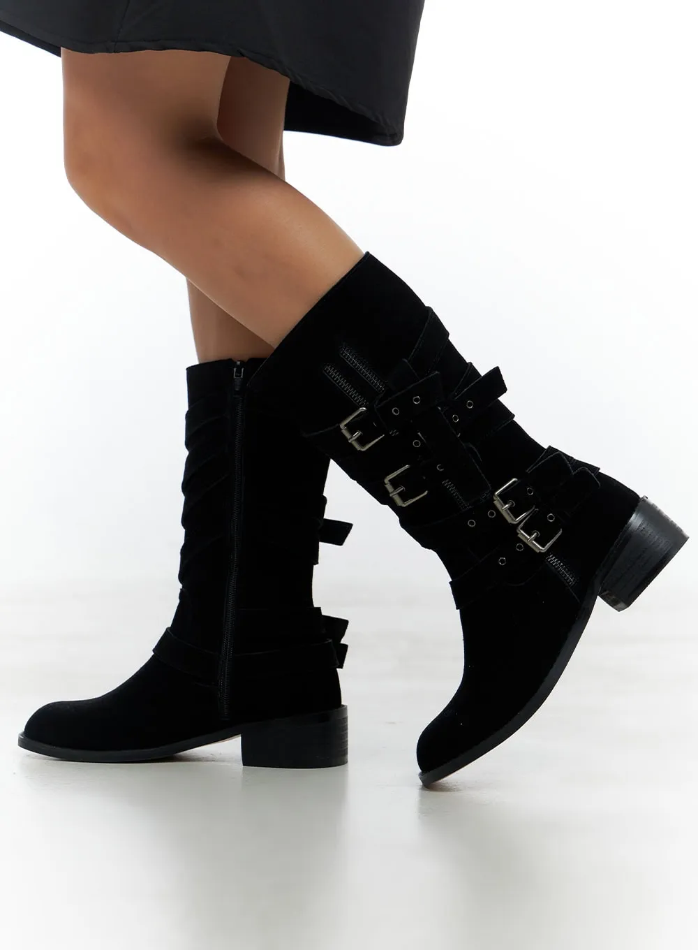 Buckle Leather Midi Boots CS424 sold by Lewkin