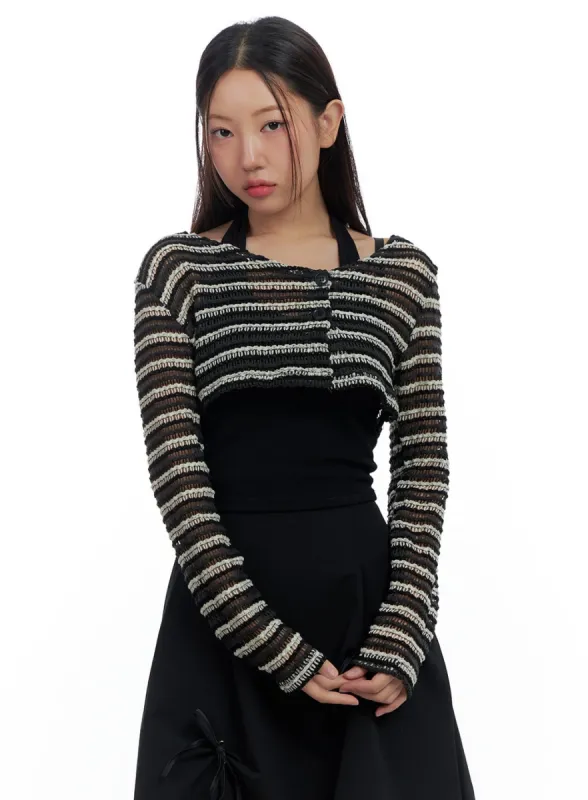 Stripe Buttoned Sheer Crop Cardigan CS424 sold by Lewkin