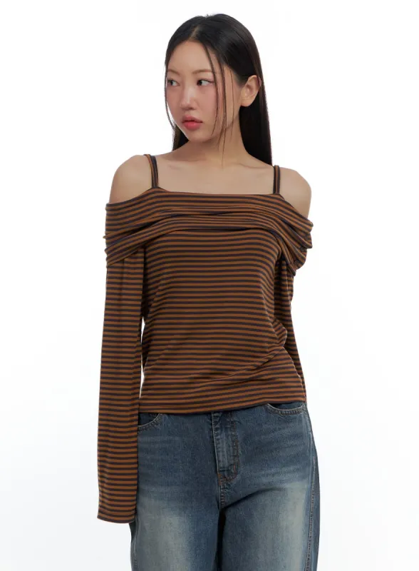 Stripe Off Shoulder Long Sleeve TShirt CS424 sold by Lewkin