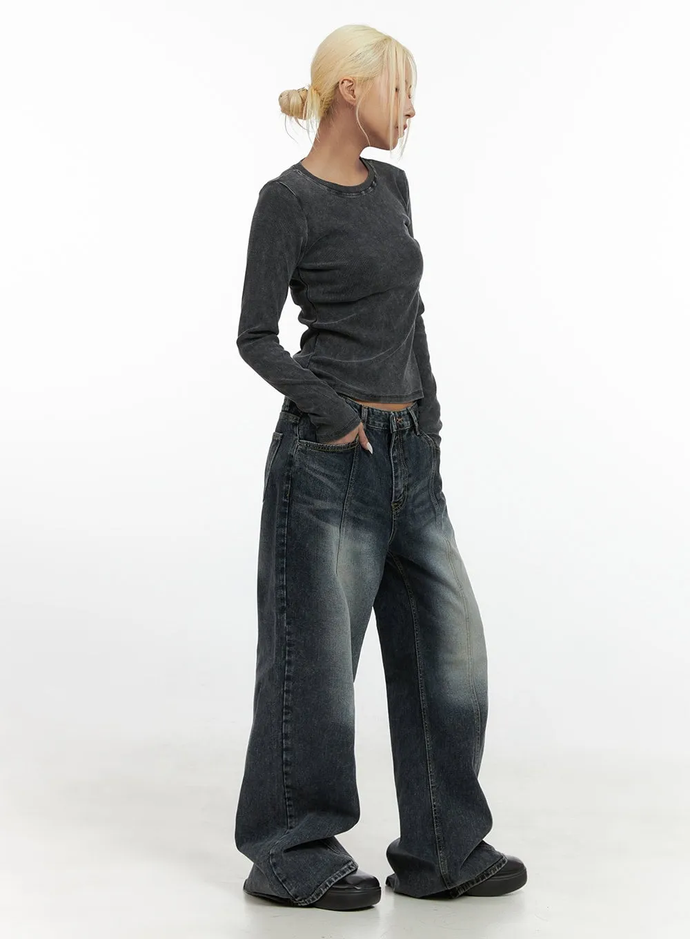 Kaya Stitch Detail Washed Baggy Denim Jeans CS426 sold by Lewkin product image thumbnail 4