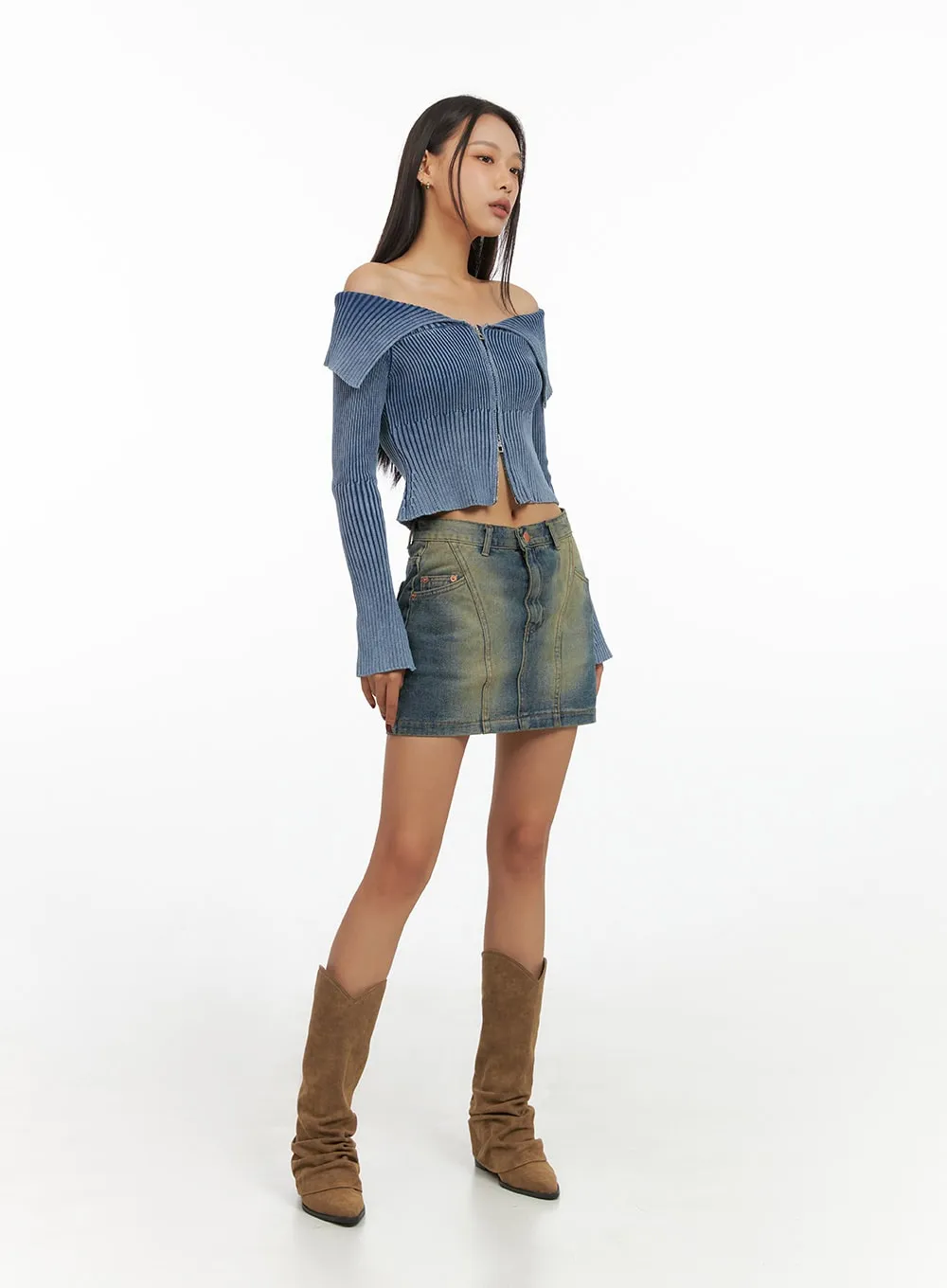 Washed Denim Stitch Mini Skirt IS427 sold by Lewkin