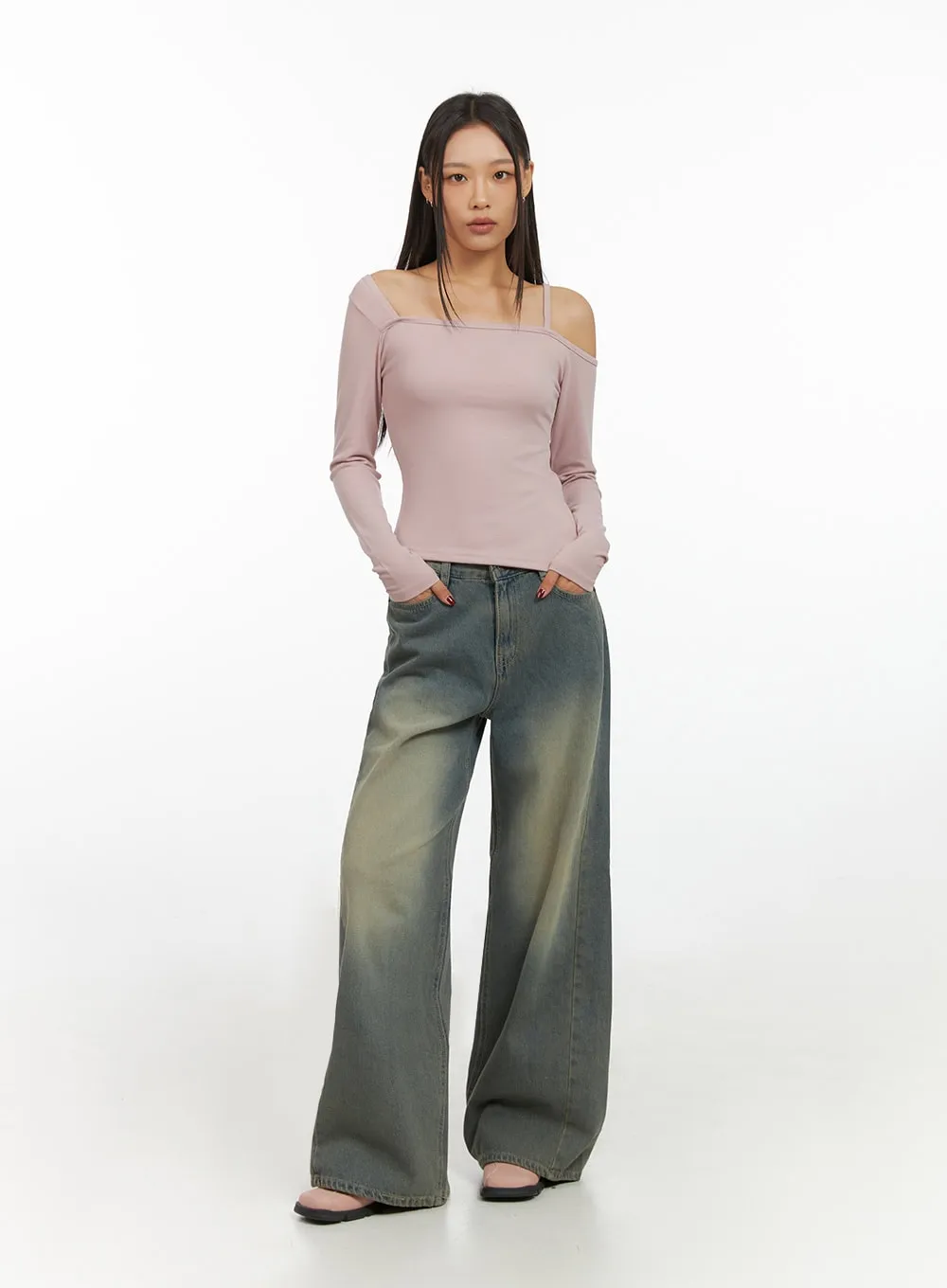 Unbalanced Off- Shoulder Sleeve Top IS427 sold by Lewkin product image thumbnail 2