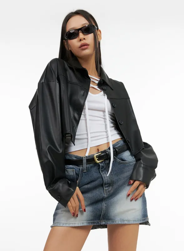 Buttoned Faux Leather Cropped Jacket IS427 sold by Lewkin