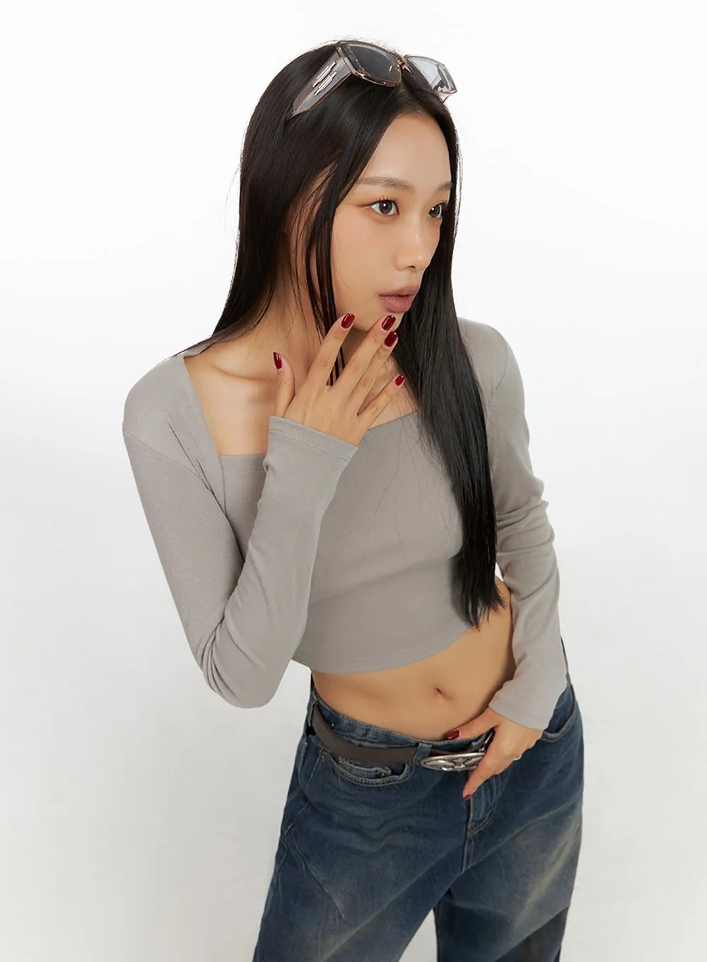Square Neck Bolero-Style Slim Fit Crop Top IS427 sold by Lewkin