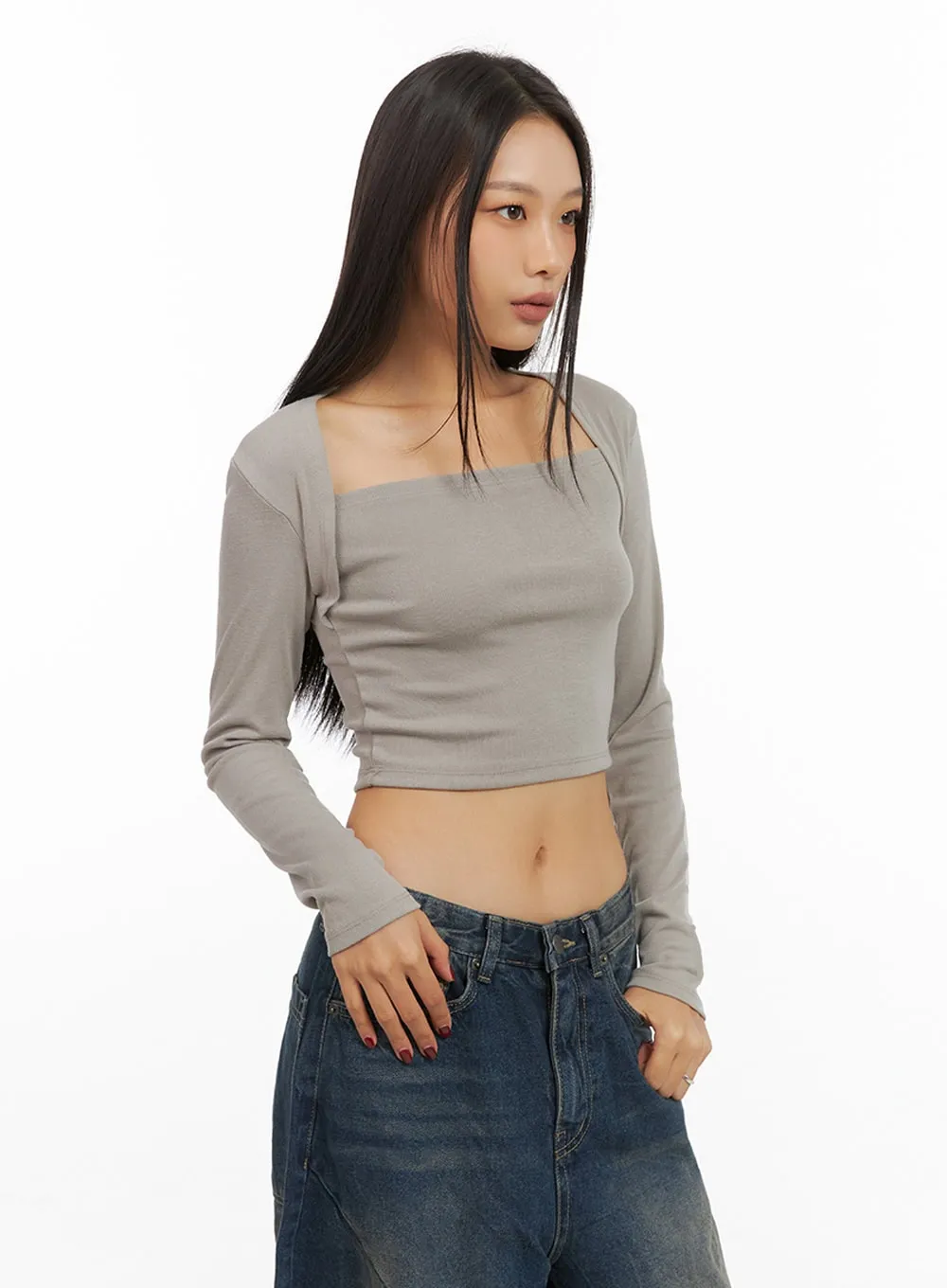 Square Neck Bolero-Style Slim Fit Crop Top IS427 sold by Lewkin product image thumbnail 5