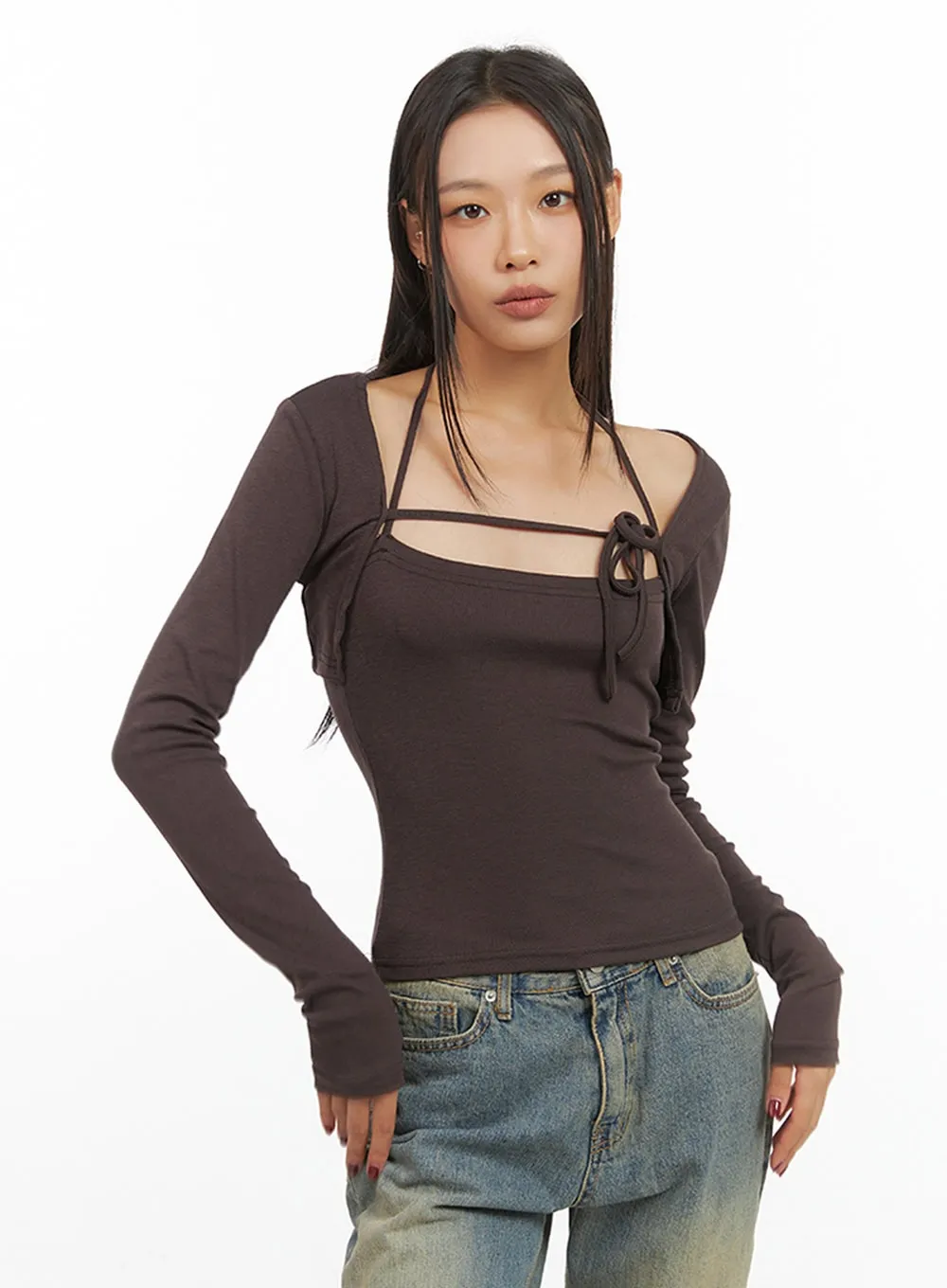 Solid Strap Bolero Cardigan and Cami Set IS427 sold by Lewkin product image thumbnail 5